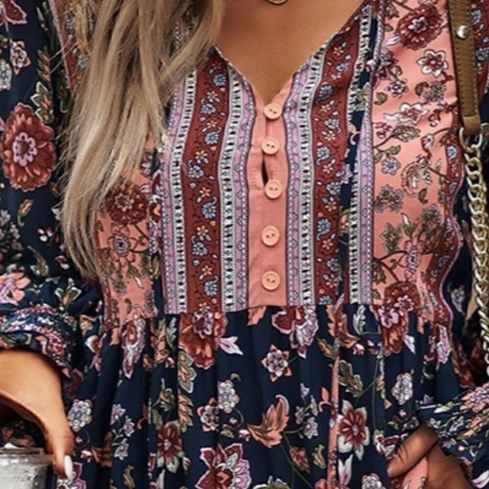 Ditsy Navy Floral Print Long Sleeve Baby Doll Smock Top Tunic Blouse Hippie - Picture 4 of 4